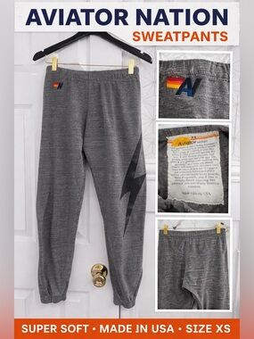 Aviator Nation Sweatpants XS Gray Bolt Logo Joggers Super Soft Made in USA